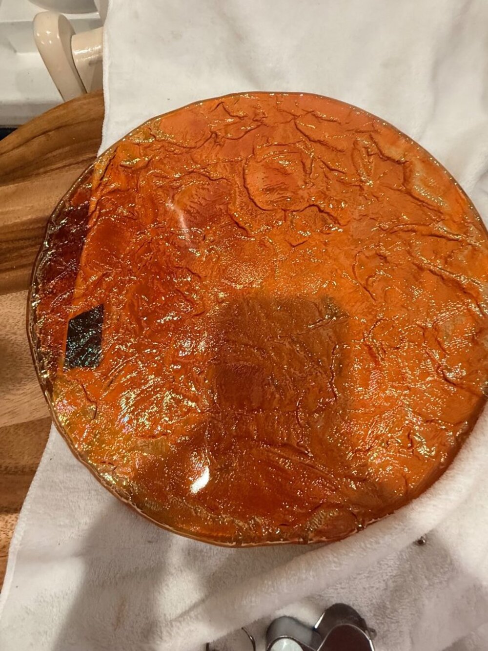 Rare • Brutalist Carnival Glass Plate PlatterHandmade Iridescent Orange Glass Pl